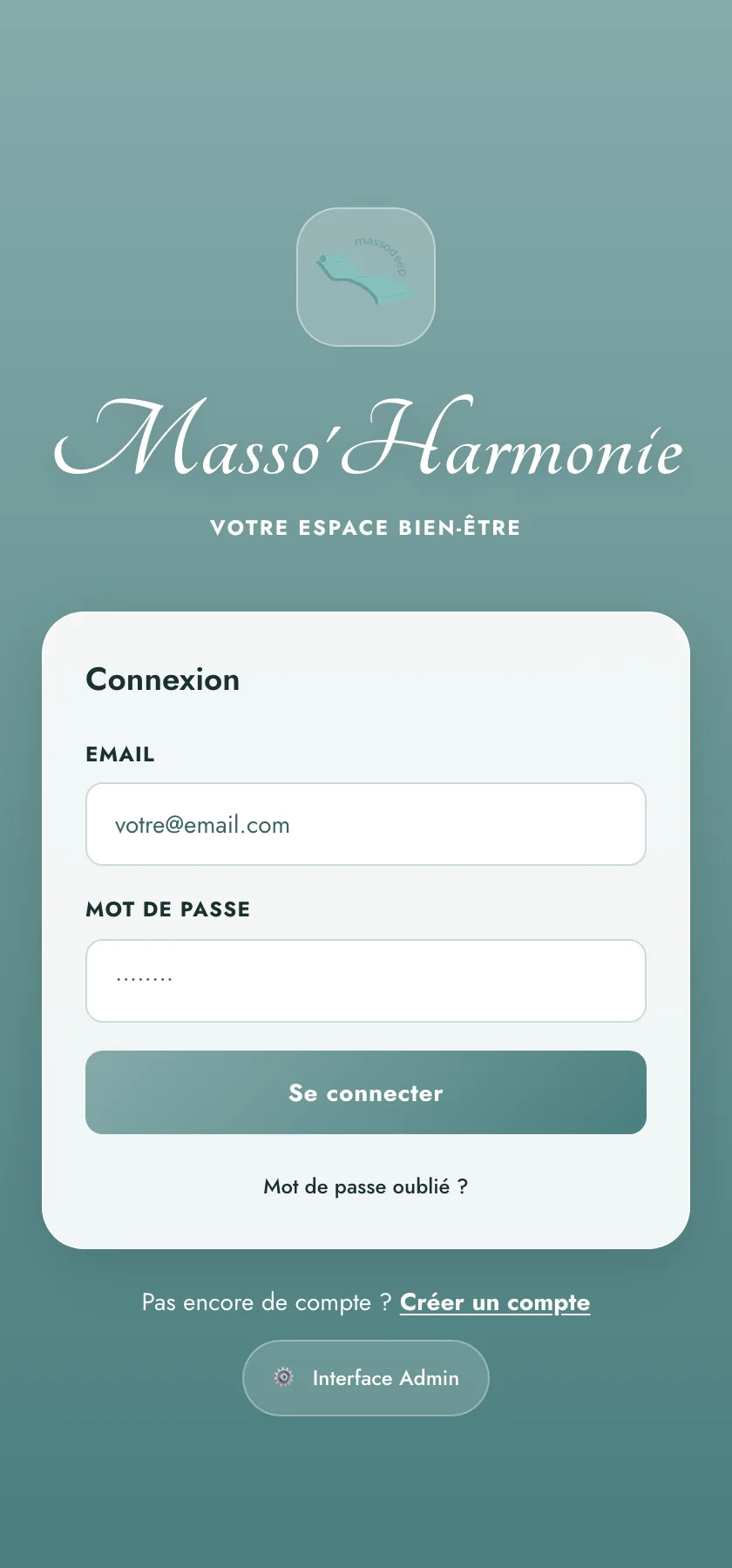 Ecran de connexion de l'application Masso'Harmonie
