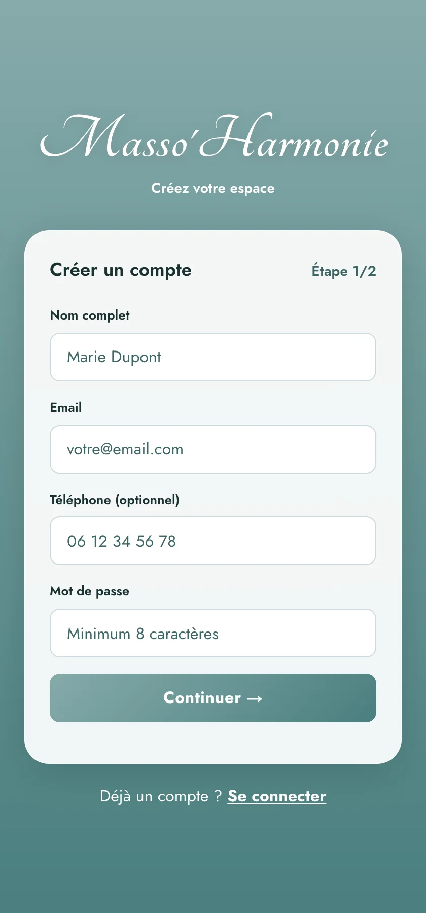 Ecran de creation de compte de l'application Masso'Harmonie, etape 1 sur 2