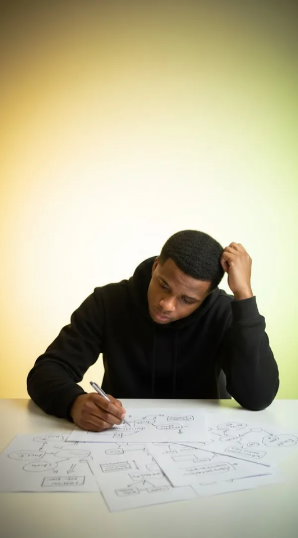 Thomas Tranchot dessine un schéma d'acquisition sur papier