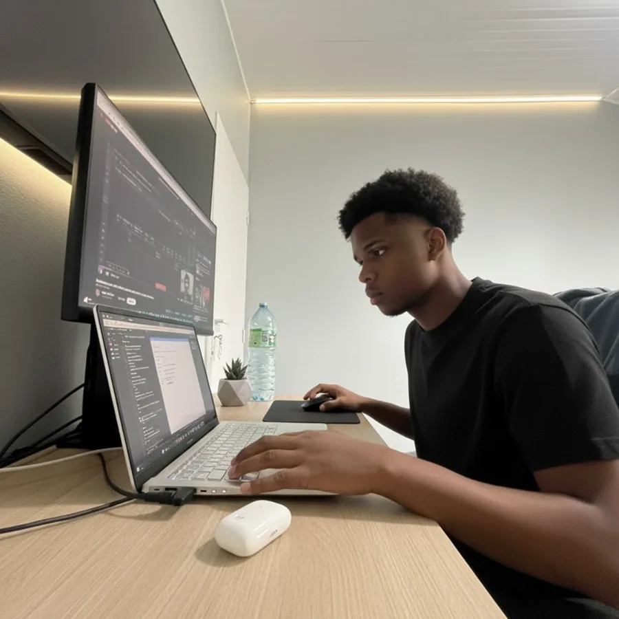 Thomas Tranchot au travail devant ses écrans, au bureau de Skoweb