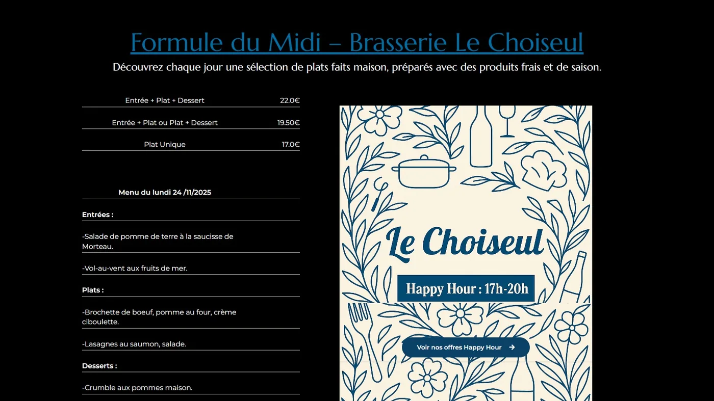 Formule du midi affichée directement dans le nouveau site, avec les prix et le menu daté