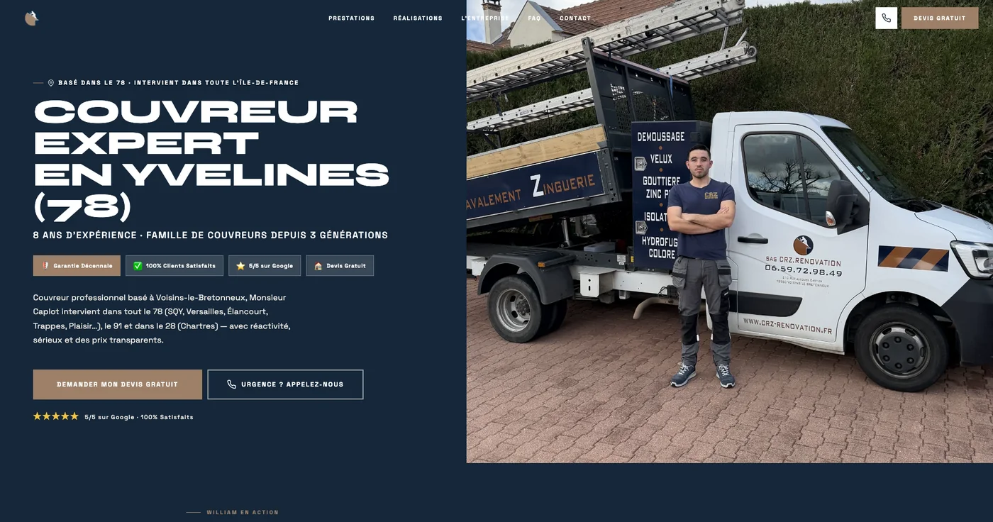 Page d'accueil de CRZ Rénovation, William devant son camion de chantier