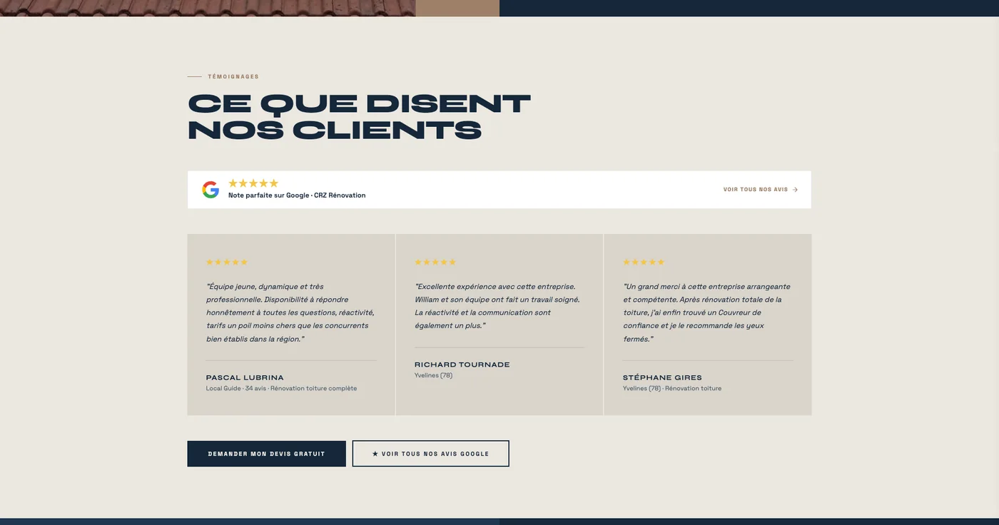 Avis Google affichés sur le site de CRZ Rénovation, note de 5 sur 5