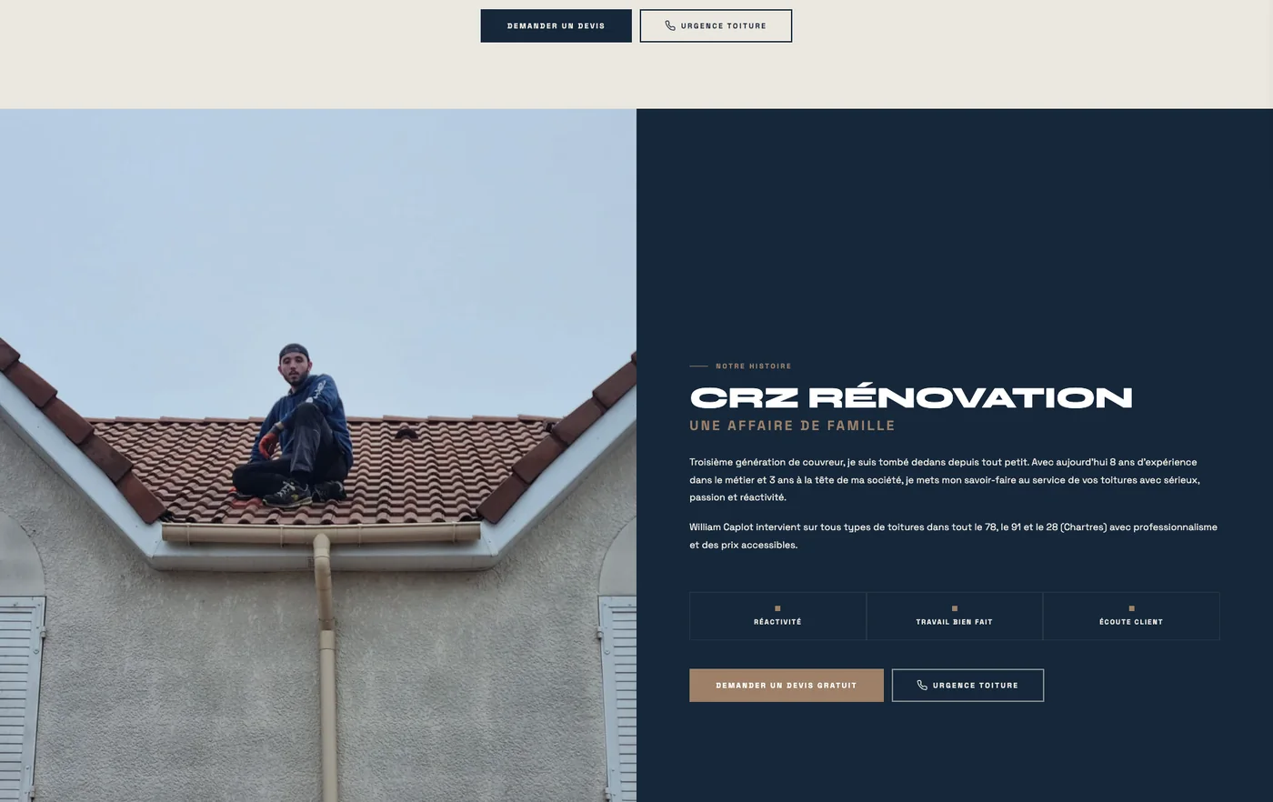 Section « une affaire de famille » du site CRZ Rénovation, William sur un toit