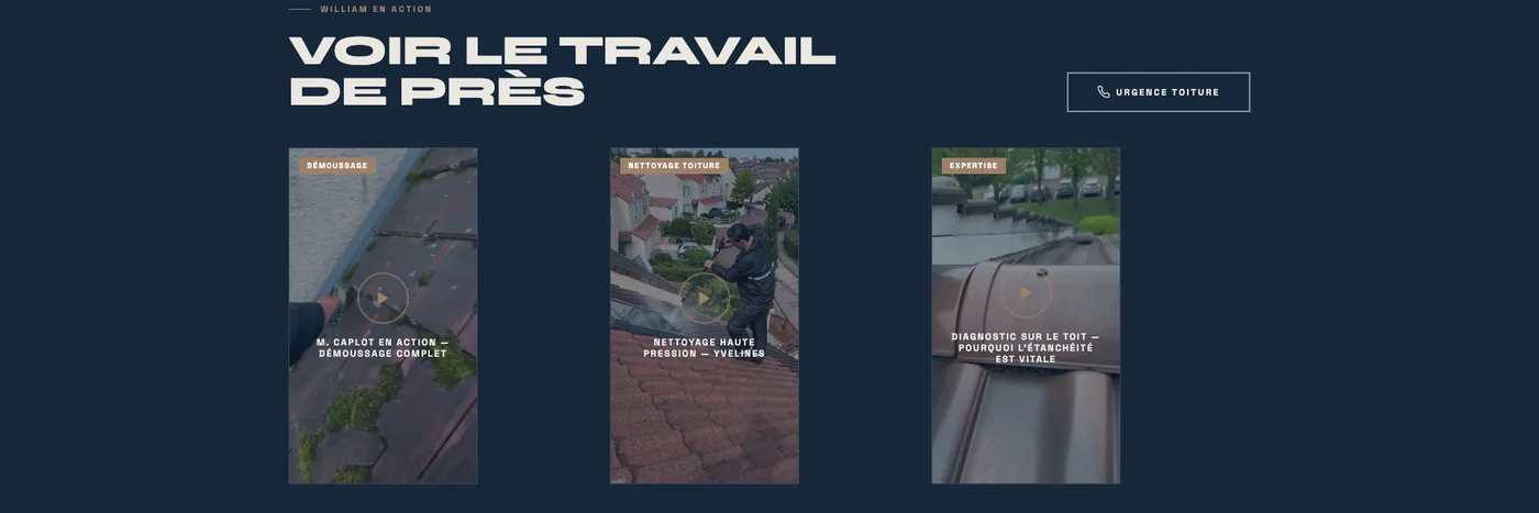 Section vidéo du site CRZ Rénovation montrant trois interventions filmées