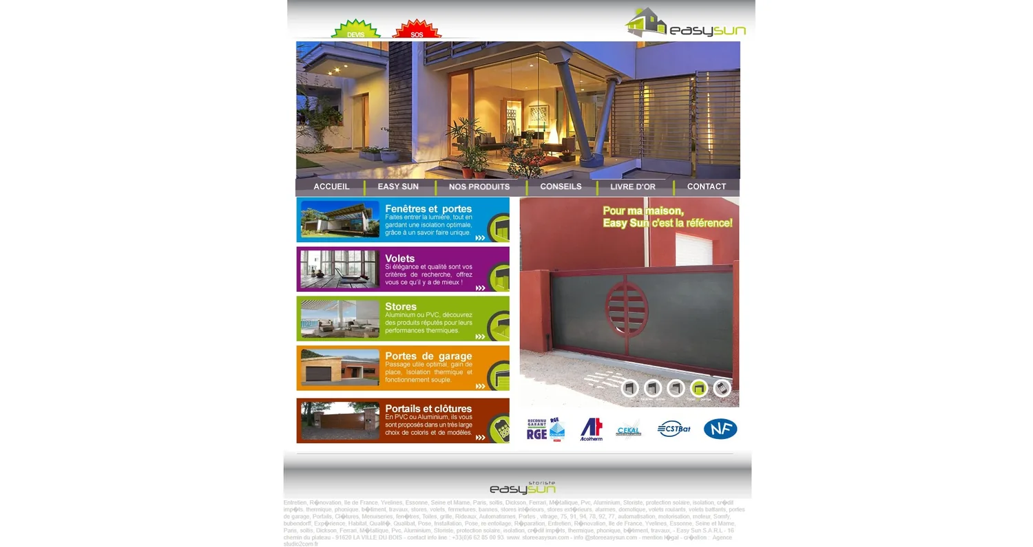 Page d'accueil de l'ancien site Easysun, mise en page figée des années 2000 avec des images de catalogue