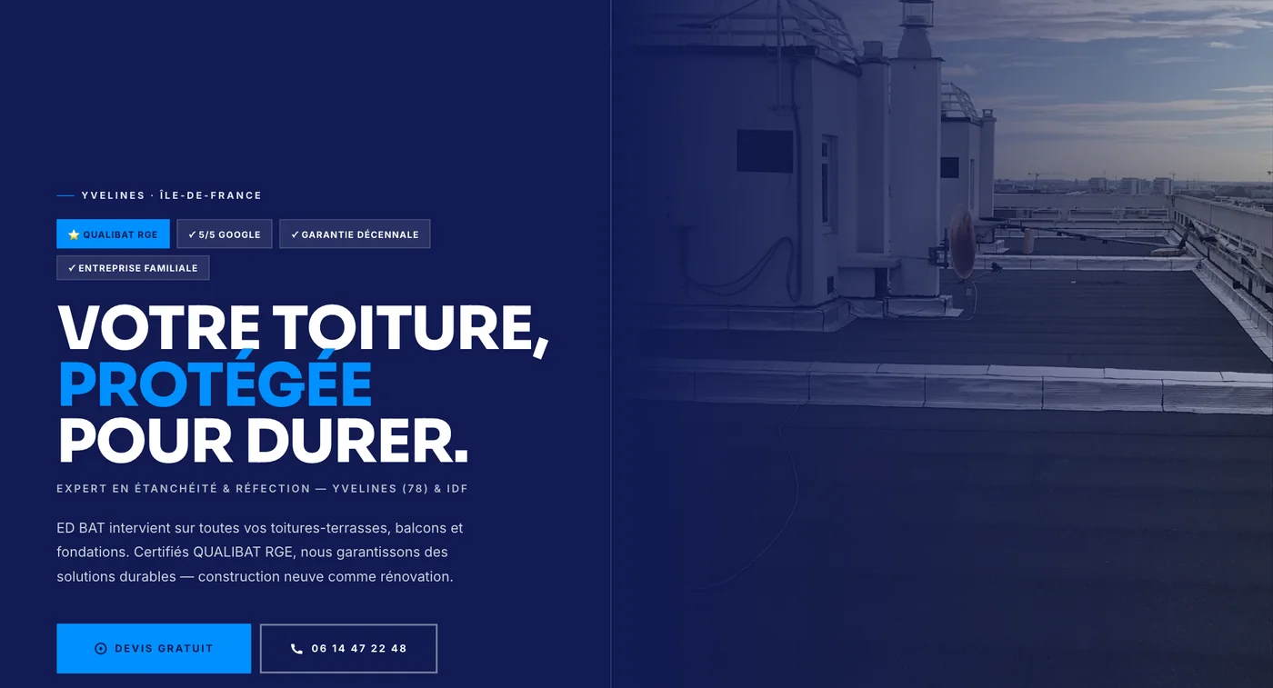 Page d'accueil d'ED BAT, titre « Votre toiture, protégée pour durer »