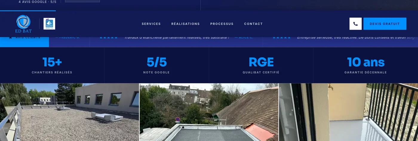Les chiffres d'ED BAT et trois photos de chantiers d'étanchéité
