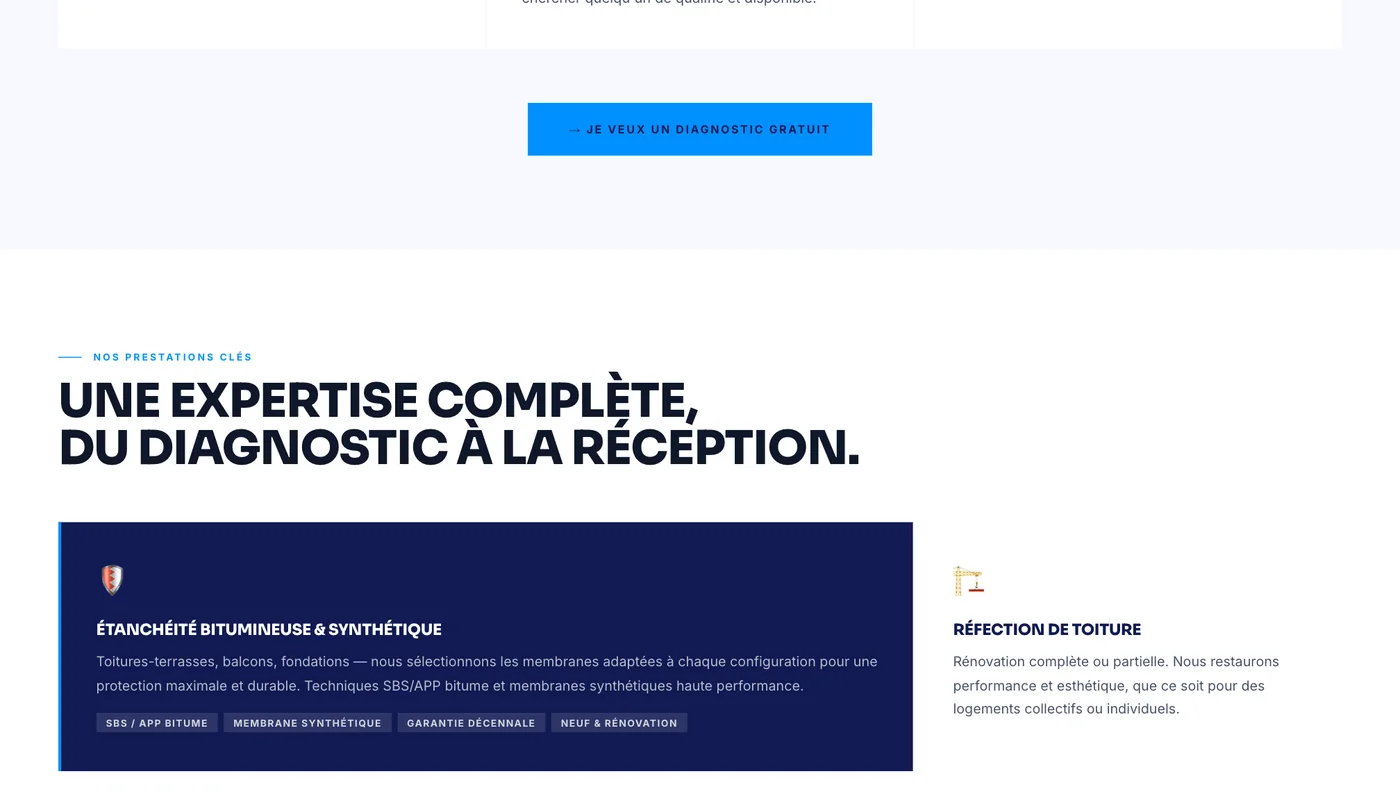 Les cinq prestations d'ED BAT : étanchéité, réfection, isolation, recherche de fuites, végétalisation