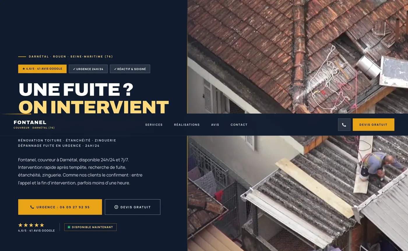 Page d'accueil de Fontanel Couverture, titre « Une fuite ? On intervient maintenant »