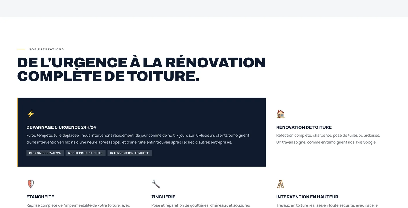 Section des services de Fontanel Couverture : dépannage urgence, rénovation, étanchéité, zinguerie