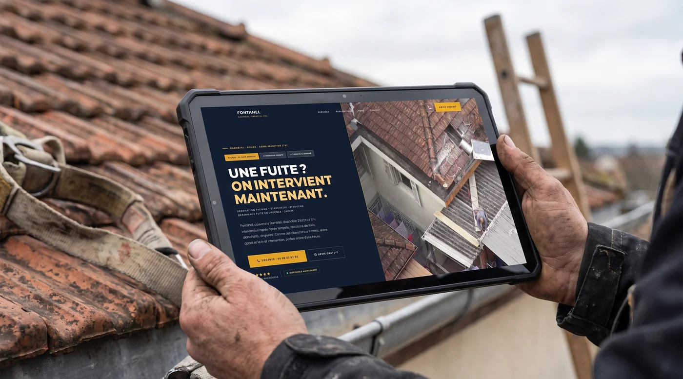 Le site de Fontanel Couverture consulté sur une tablette par un couvreur sur un toit