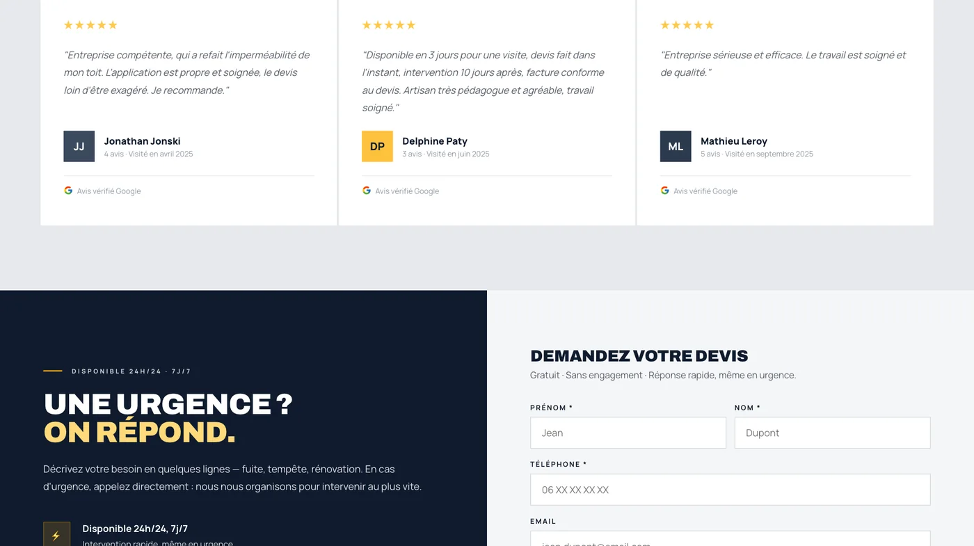 Section urgence du site Fontanel avec le formulaire de demande de devis