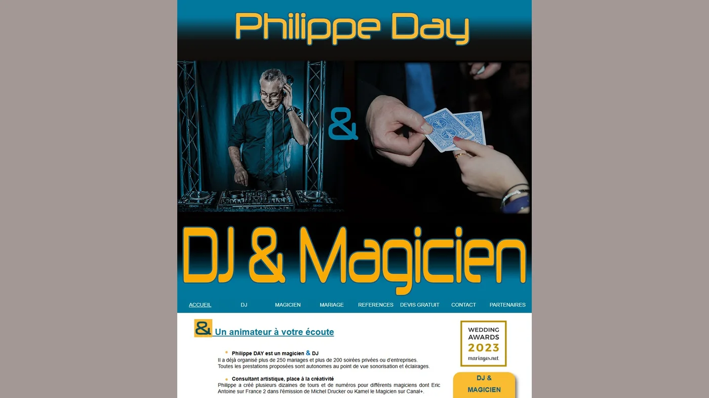 Ancienne page d'accueil de Philippe Day : tout le contenu tassé dans une colonne étroite au milieu de l'écran