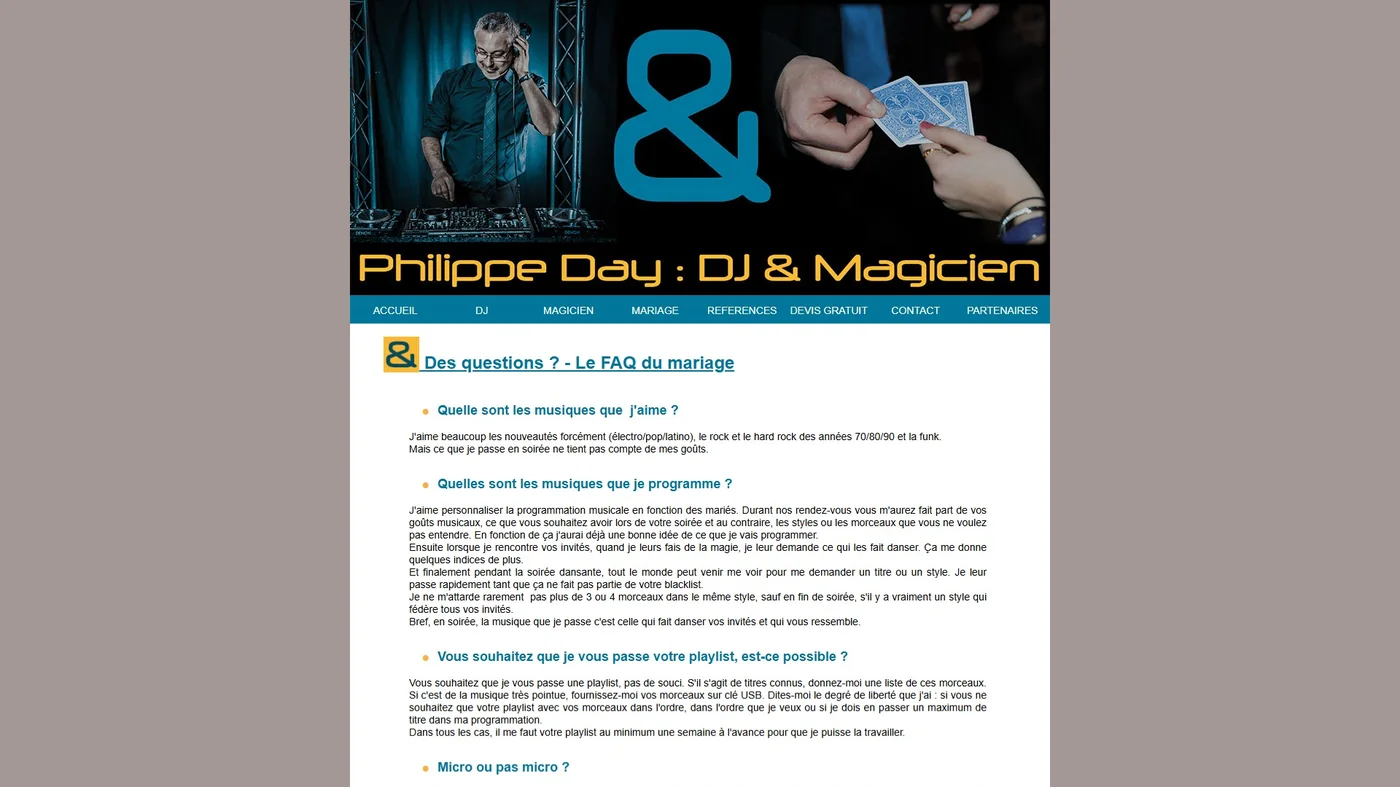 Ancienne page de questions fréquentes de Philippe Day, texte dense sans hiérarchie
