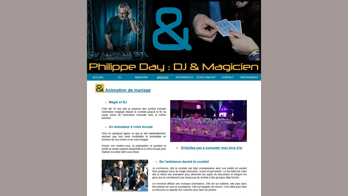 Ancienne page mariage de Philippe Day, longs blocs de texte et vignettes minuscules