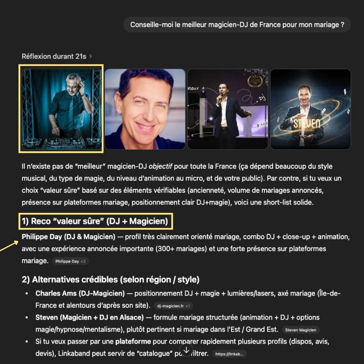 Reponse de ChatGPT a la question du meilleur magicien-DJ de France pour un mariage, citant Philippe Day en premier