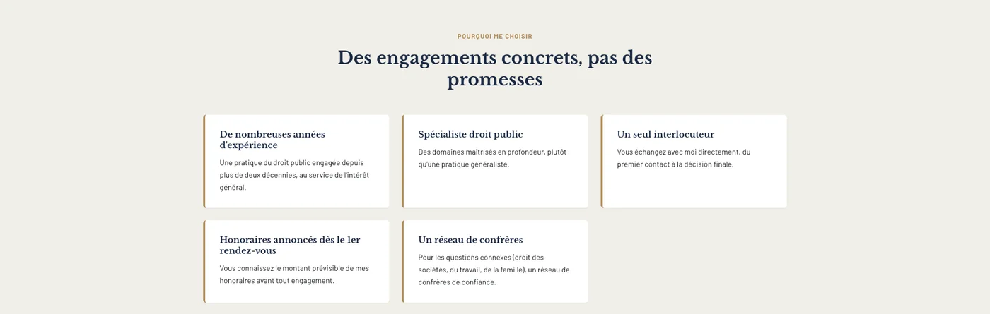 Les six engagements du cabinet Taron affichés en cartes