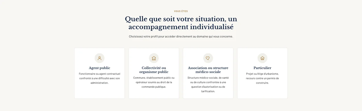 Les quatre profils de clients du cabinet Taron : agent public, collectivité, association, particulier