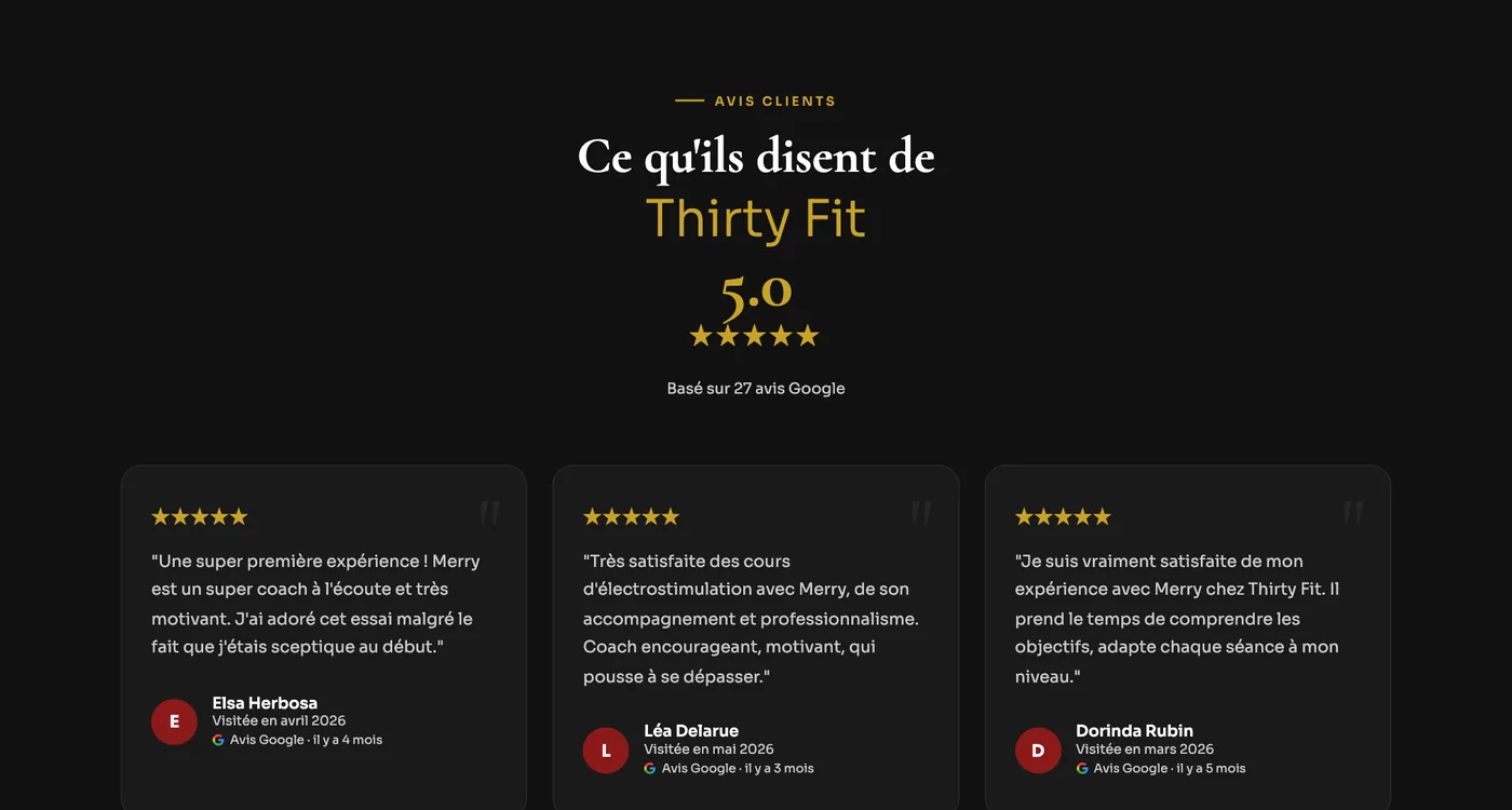 Les avis Google affichés sur le site ThirtyFit, note de 5 sur 5