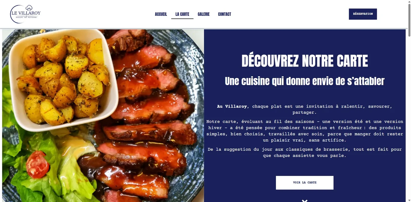Page carte du nouveau site du Villaroy, plat en photo et texte de présentation