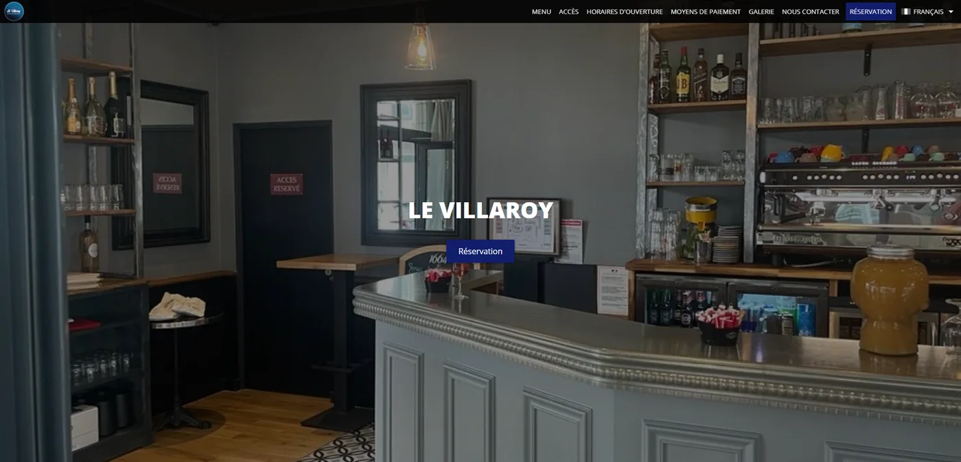 Ancienne page d'accueil du Villaroy, photo de comptoir sombre et nom en petit au centre