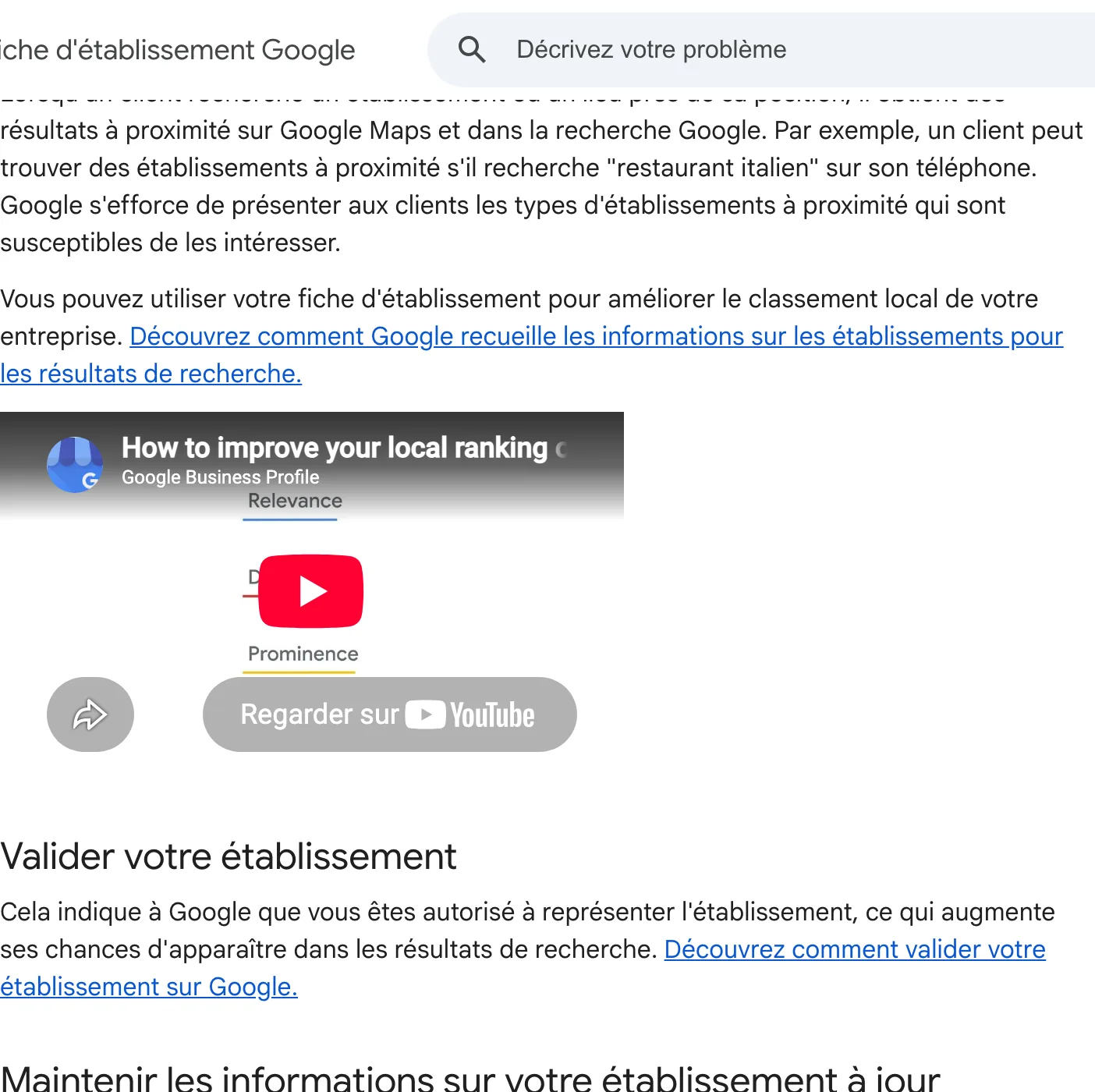 Documentation Google expliquant que le classement local repose sur la pertinence, la distance et la proeminence