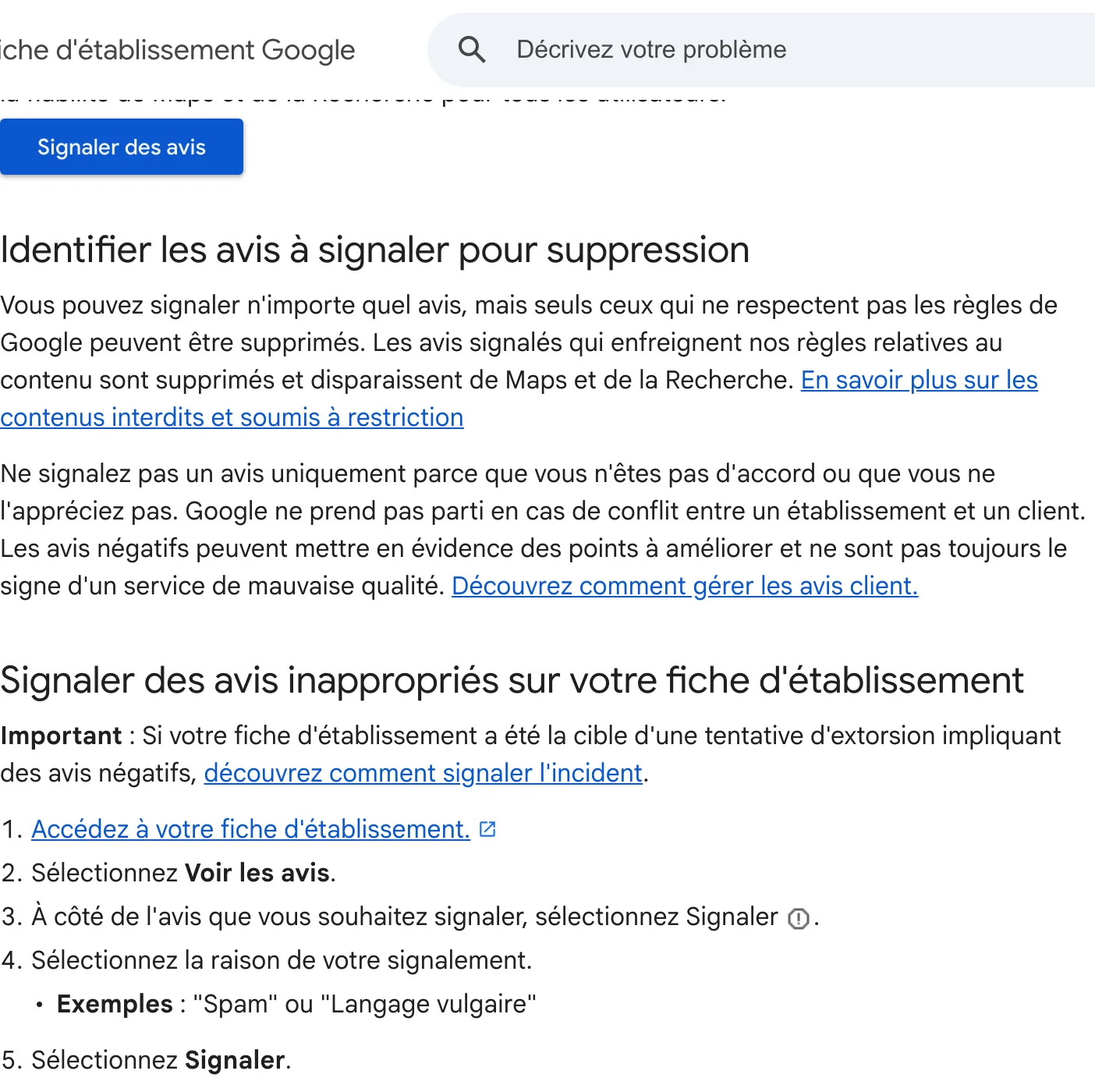 Documentation Google decrivant la procedure de signalement d'un avis