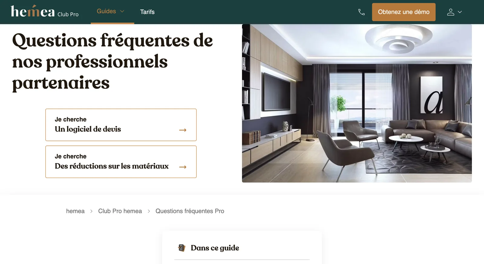 Questions fréquentes de hemea précisant que l'artisan ne paie rien à l'avance et que la plateforme se rémunère sur les chantiers signés