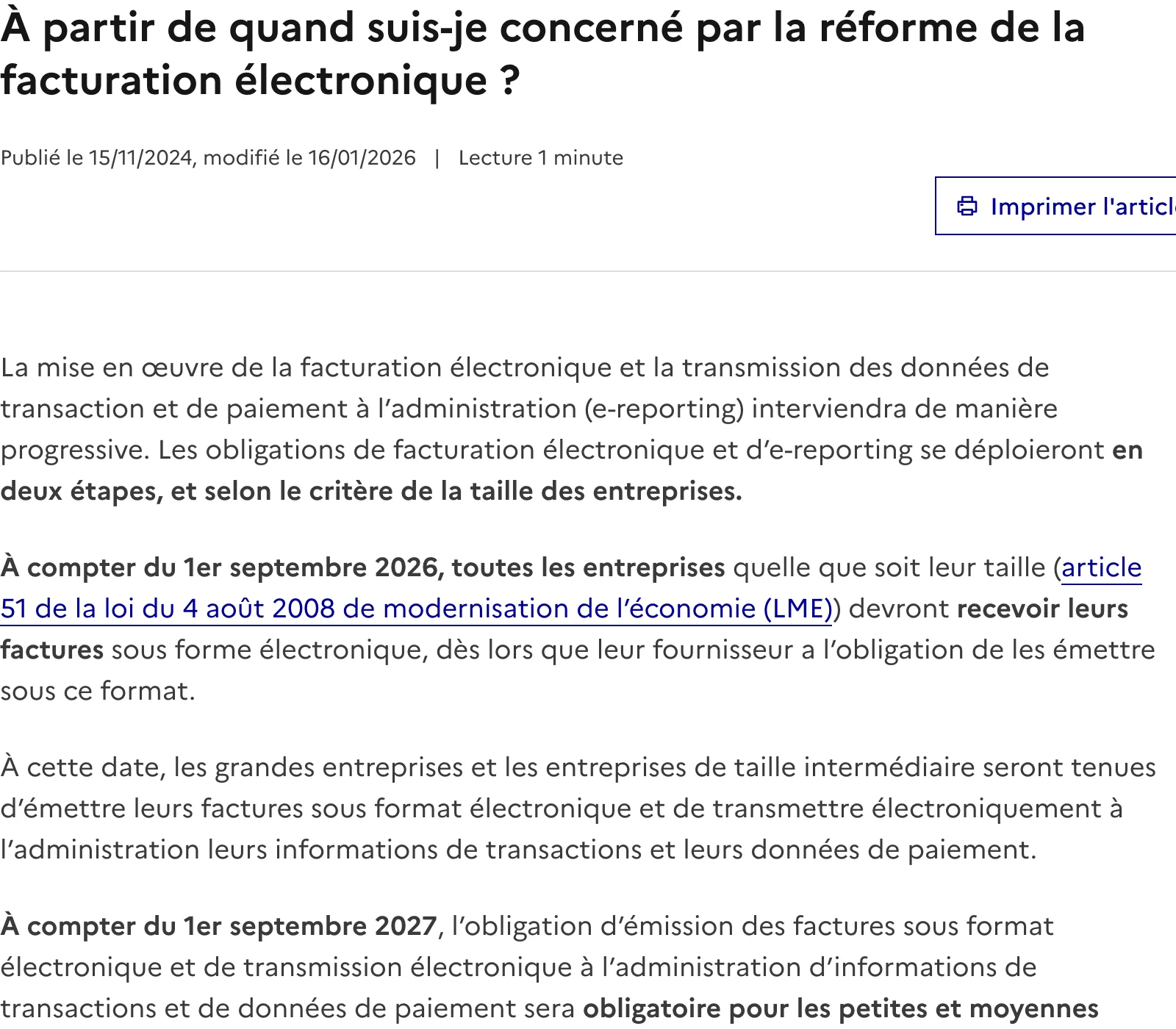 Page d'impots.gouv.fr detaillant les dates d'entree en vigueur de la facturation electronique
