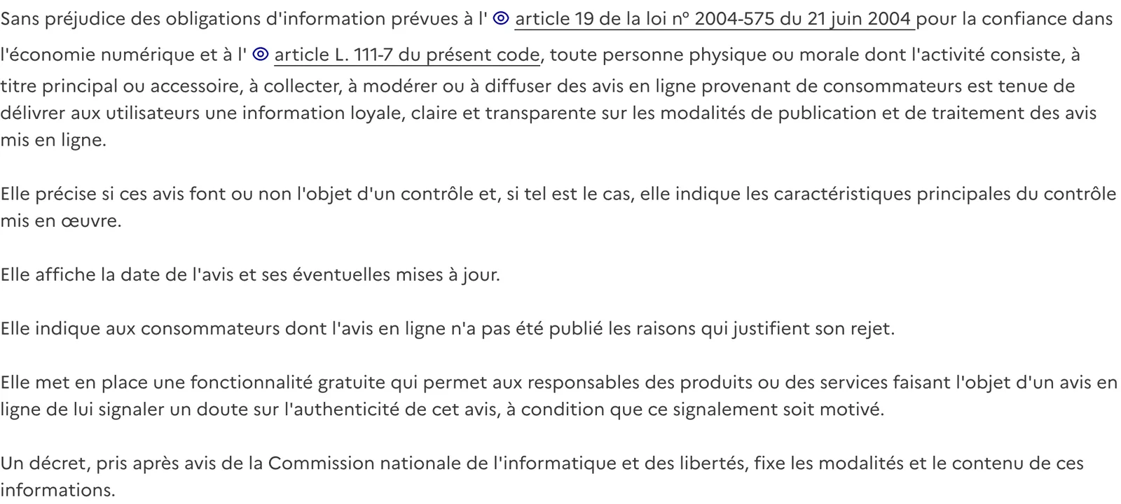 Article L111-7-2 du code de la consommation sur l'information relative aux avis en ligne
