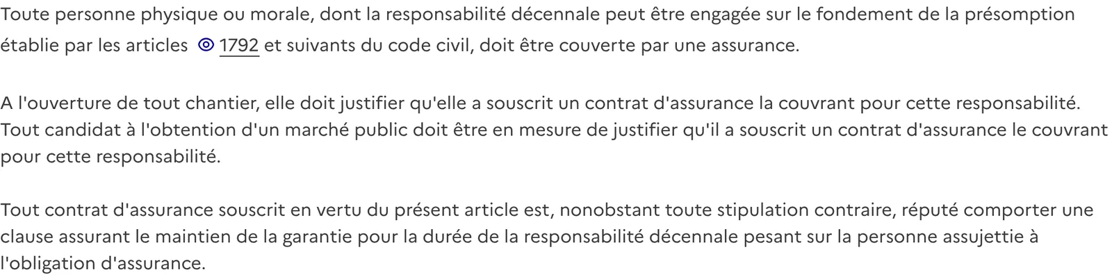 Article L241-1 du code des assurances rendant l'assurance decennale obligatoire