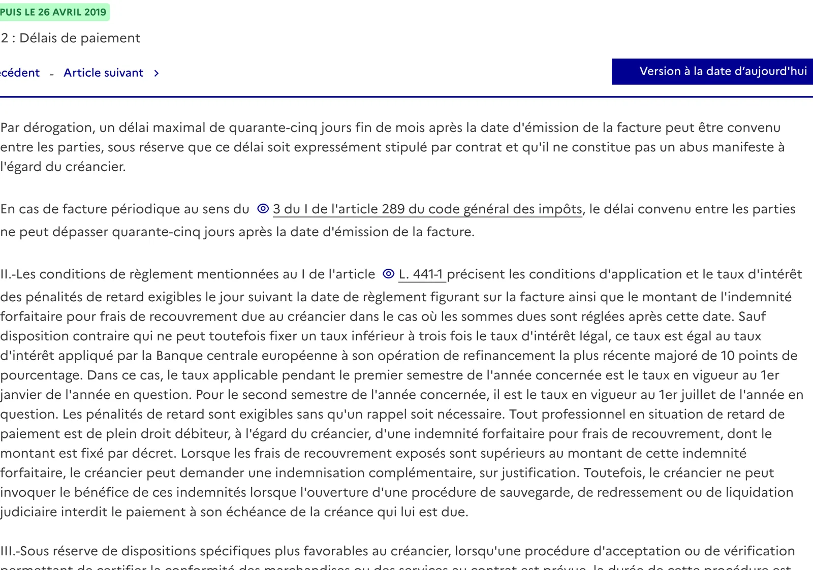Article du code de commerce fixant les penalites de retard entre professionnels