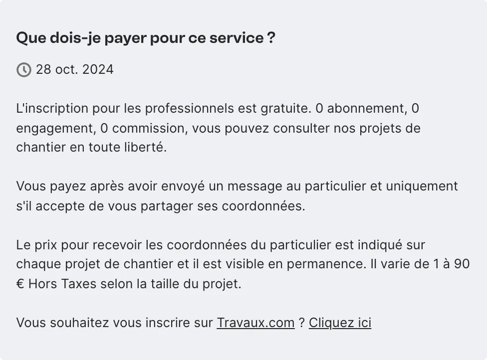 Page d'aide de Travaux.com indiquant que le prix des coordonnées du particulier varie de 1 à 90 euros hors taxes selon la taille du projet